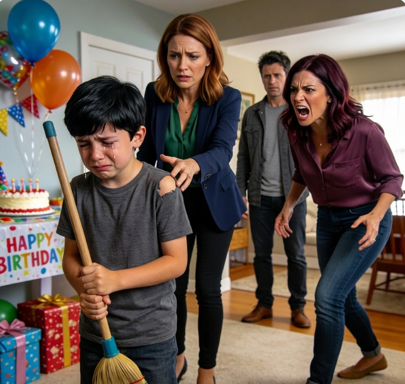 Mój były mąż pojawił się na urodzinach naszego syna ze swoją nową żoną. Podała mojemu synowi miotłę i powiedziała: „Idź i pomóż mamie sprzątać – tak masz robić”. Mój syn spojrzał na mnie, a policzki płonęły mu ze wstydu. Nie powiedziałam ani słowa… aż do momentu, gdy rozpakował swój ostatni prezent. A gdy tylko zobaczyła, co jest w środku, z jej twarzy odpłynęła cała krew.