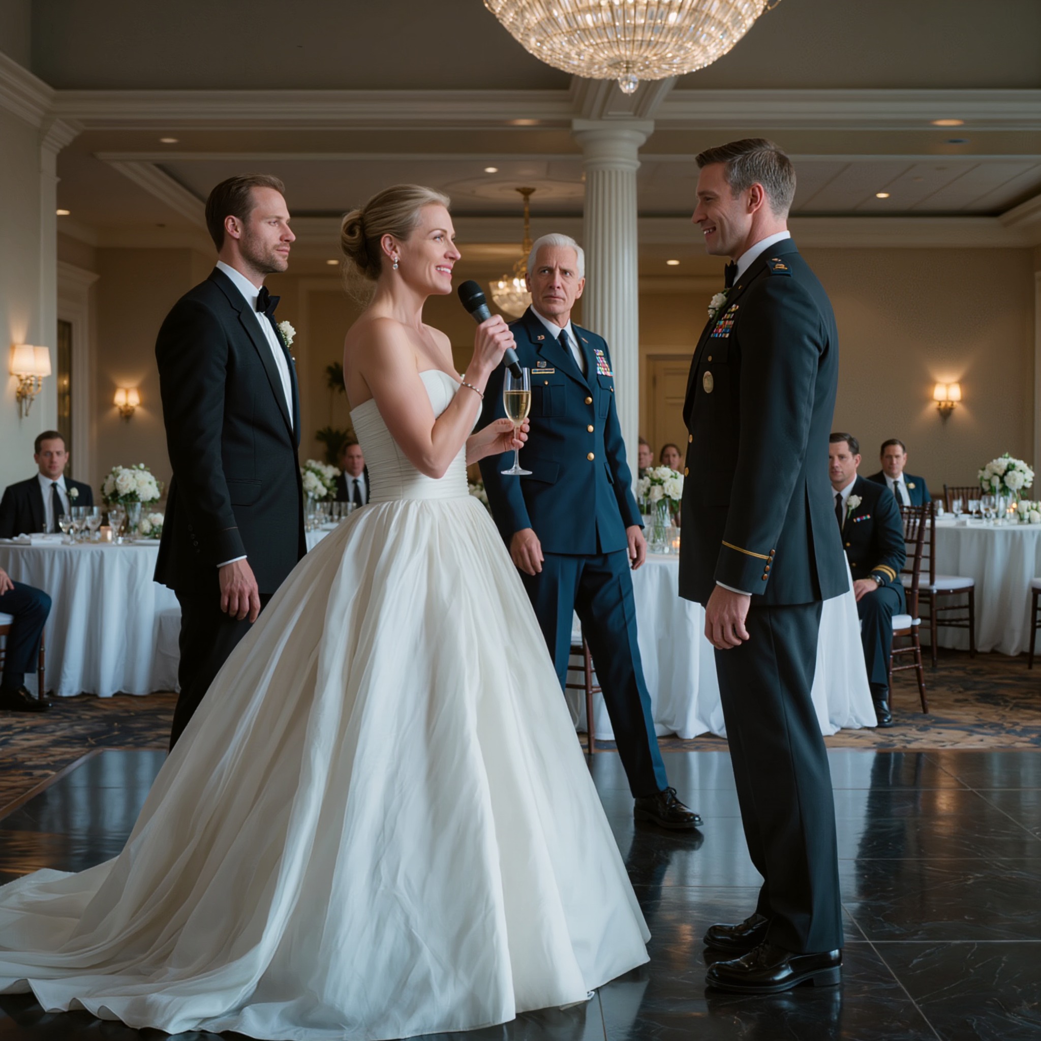 “A minha irmã é apenas uma guarda de portão. Não é exatamente quem as pessoas esperam”, disse. A sala reagiu de imediato. A minha mãe acrescentou: “Ela seguiu um caminho muito diferente do resto da família”. Então o noivo — um major — levantou-se, olhou para mim e disse: “Na verdade… ela é…”