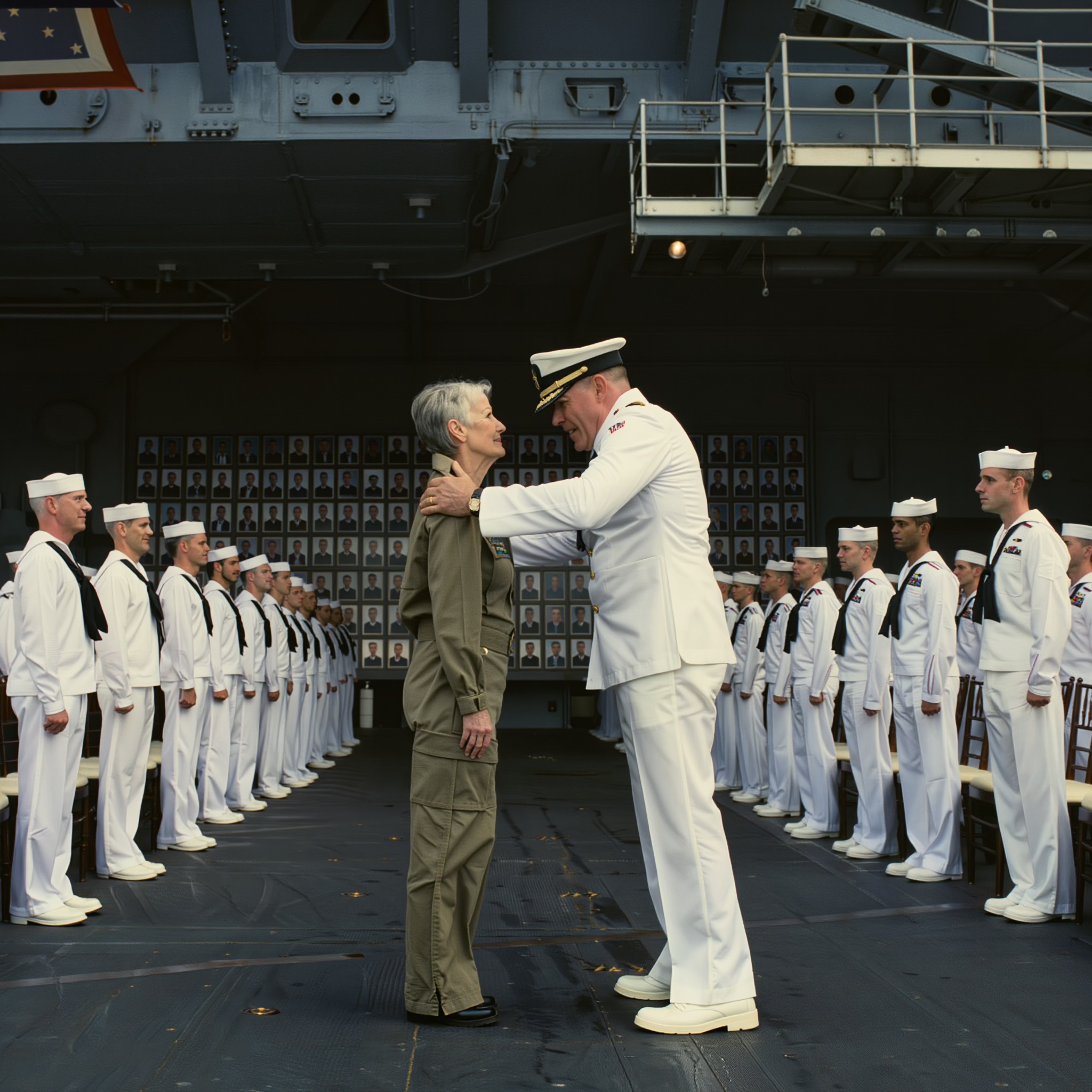 Foi questionada publicamente sobre o seu serviço — até que todo o porta-aviões se levantou e prestou continência.