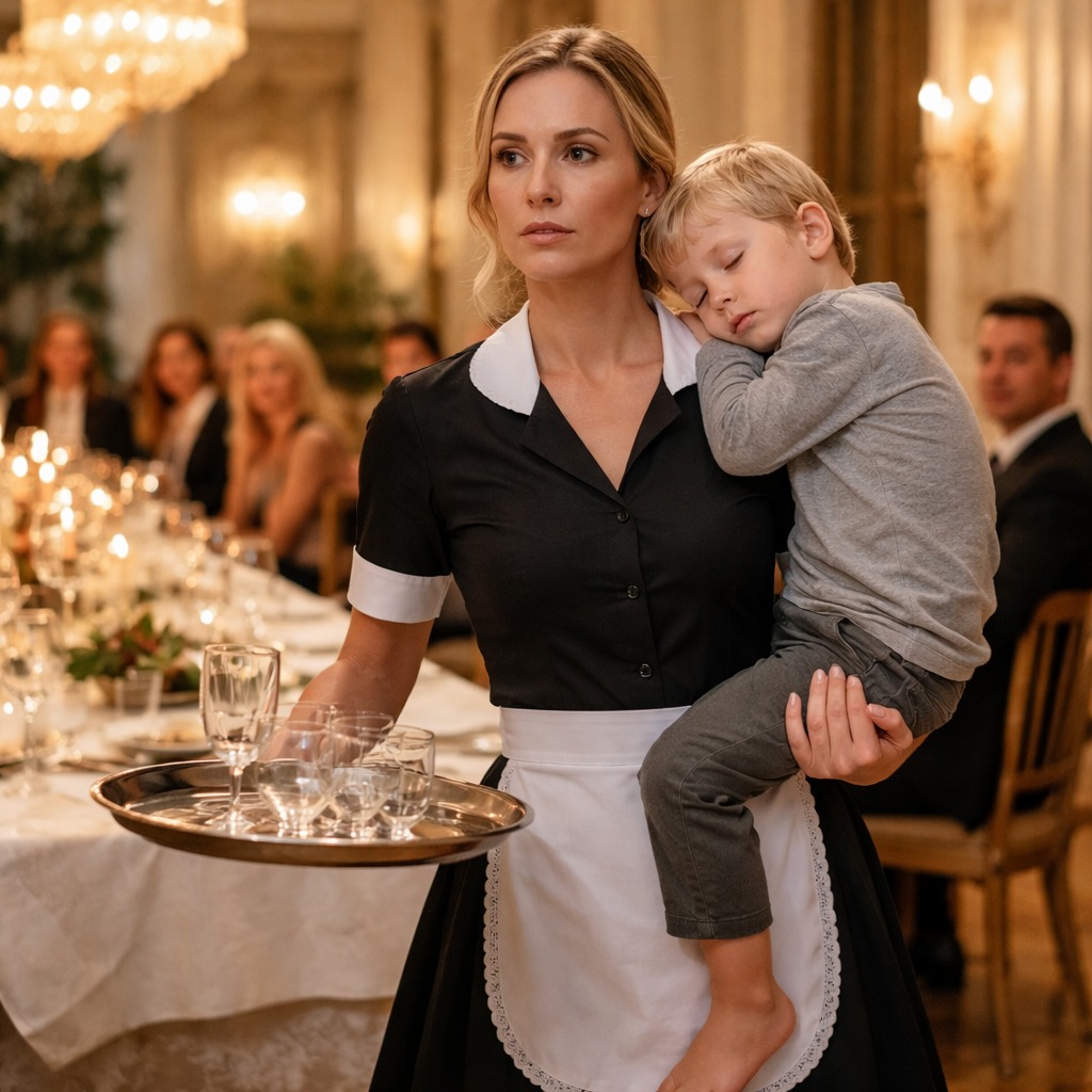 Estava de pé, vestida com um uniforme preto de criada, com uma criança adormecida ao ombro, enquanto duas mulheres ricas se riam dela do outro lado da mesa. Então, o bilionário estendeu-lhe a mão, e todos os que estavam na sala perderam o fôlego.