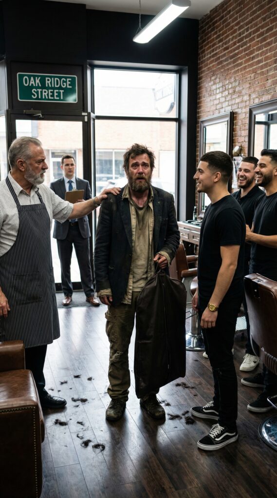 Ścisnąłem ostatniego dolara jak tlen i wcisnąłem się do salonu fryzjerskiego w Oak Ridge. „Tylko… zrób, żebym wyglądał jak człowiek” – wyszeptałem. Sala wybuchła – „Czterdzieści dolców, gnoju!”. „Spróbuj w schronisku!” – aż głos pana Cartera przeciął mnie ostrzej niż brzytwa: „Dość. Siadaj, synu”. Przy szumie maszynki wsunął mi w dłonie znoszony garnitur. „Nie płać mi – obiecaj”. Lata później wróciłem z kluczem… i sekretem, którego się nie spodziewał.