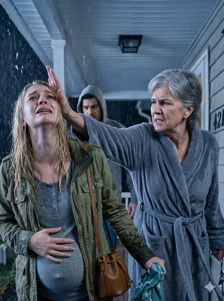 Deszcz smaga mnie po twarzy niczym bicz. Trzymam się za ciążowy brzuch, drżąc przy bramie, gdy głos teściowej przecina burzę za drzwiami: „Wynoś się! Ten dom nie da schronienia takiej kobiecie jak ty!”. Ściska mnie w gardle. „Mamo… noszę w sobie twojego wnuka!” Zamek pęka – BACH – odcinając mnie od świata. Błyskawica odsłania moją walizkę rzuconą na podwórko, a za nią przesuwa się zapieczętowana koperta z moim imieniem napisanym na froncie. Rozrywam ją… i moja krew zamienia się w lód. W środku kryje się prawda, która może nas wszystkich zniszczyć – a zwłaszcza jego.