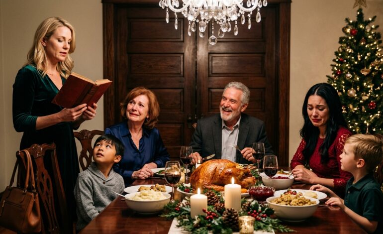 =Podczas świątecznego obiadu mój ojczym uniósł kieliszek i szyderczo zaśmiał się: „To miejsce jest teraz dla mojej prawdziwej córki”. Wszyscy się śmiali, a ja stałam tam, płonąc ze śmiechu. Nie sprzeciwiłam się – po prostu wyciągnęłam teczkę i powiedziałam: „Więc nie będziesz miał nic przeciwko, jeśli to przeczytam”. Jego uśmiech zniknął, gdy list od prawnika upadł na stół: dom, rachunki, firma – nic z tego nie było jego. Syknął: „Skąd to masz?”. Wyszeptałam: „Tata mi to zostawił”. A potem weszła policja.