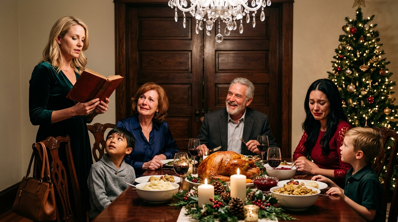 =Podczas świątecznego obiadu mój ojczym uniósł kieliszek i szyderczo zaśmiał się: „To miejsce jest teraz dla mojej prawdziwej córki”. Wszyscy się śmiali, a ja stałam tam, płonąc ze śmiechu. Nie sprzeciwiłam się – po prostu wyciągnęłam teczkę i powiedziałam: „Więc nie będziesz miał nic przeciwko, jeśli to przeczytam”. Jego uśmiech zniknął, gdy list od prawnika upadł na stół: dom, rachunki, firma – nic z tego nie było jego. Syknął: „Skąd to masz?”. Wyszeptałam: „Tata mi to zostawił”. A potem weszła policja.