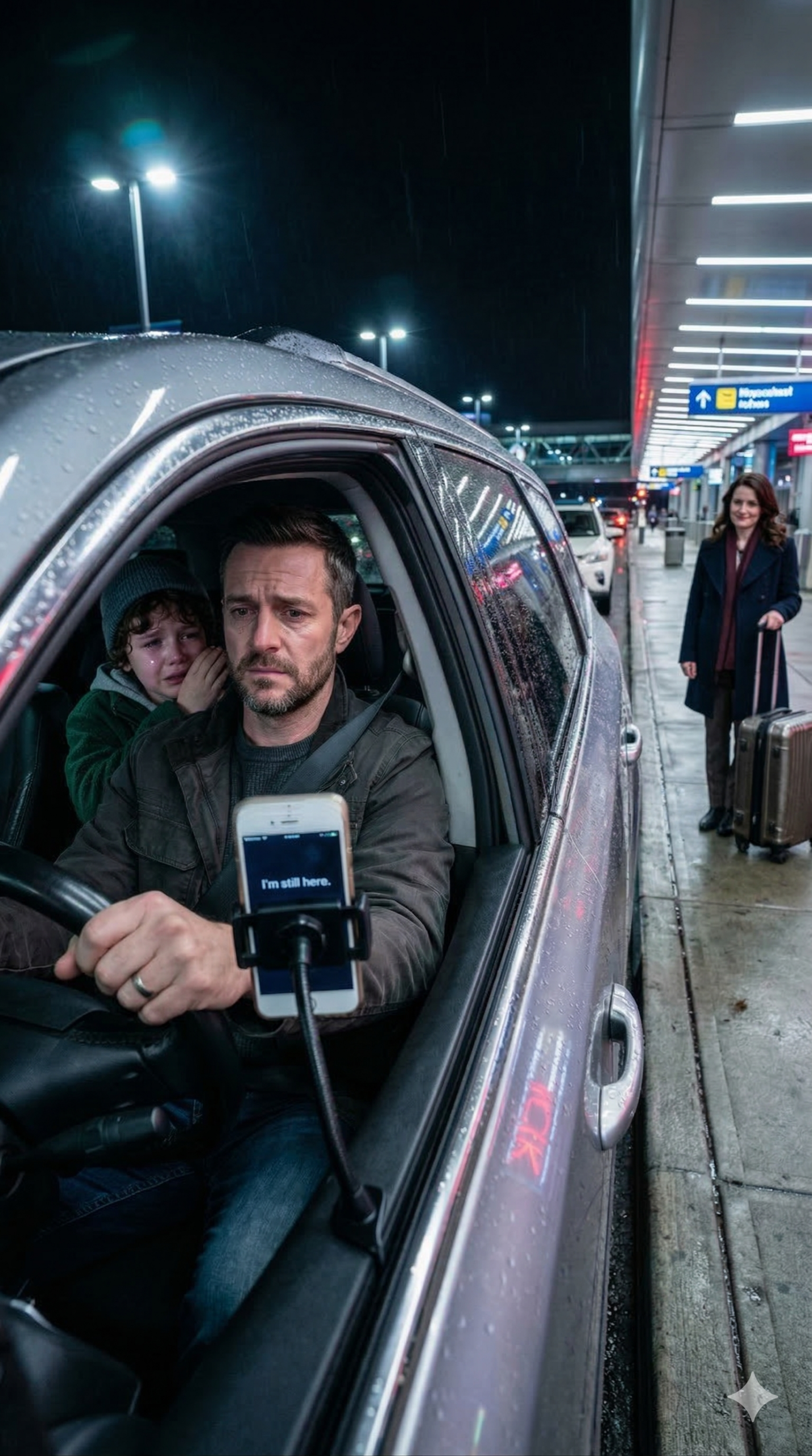 W chwili, gdy opuściliśmy lotnisko, cisza w samochodzie wydała mi się niewłaściwa – zbyt ciężka, jakby wstrzymywała oddech. Moja żona pomachała, uśmiechnęła się i obiecała: „Zadzwonię, jak wyląduję”. Uwierzyłem jej. Musiałem. Wtedy mój ośmioletni syn pochylił się bliżej, a jego głos drżał, jakby słowa sprawiały ból. „Tato… to nie była mama”. Zaśmiałem się raz – za głośno. „Koleś, nie…” Jego oczy nawet nie mrugnęły. „Pachniała inaczej. I… nie znała naszego sekretnego pukania”. Droga się rozmyła. Moje ręce zacisnęły się na kierownicy. Jeśli ta kobieta nie była moją żoną… to kogo zostawiłem przy bramce? I dlaczego mój telefon zaświecił się z wiadomością: „Nadal tu jestem”.