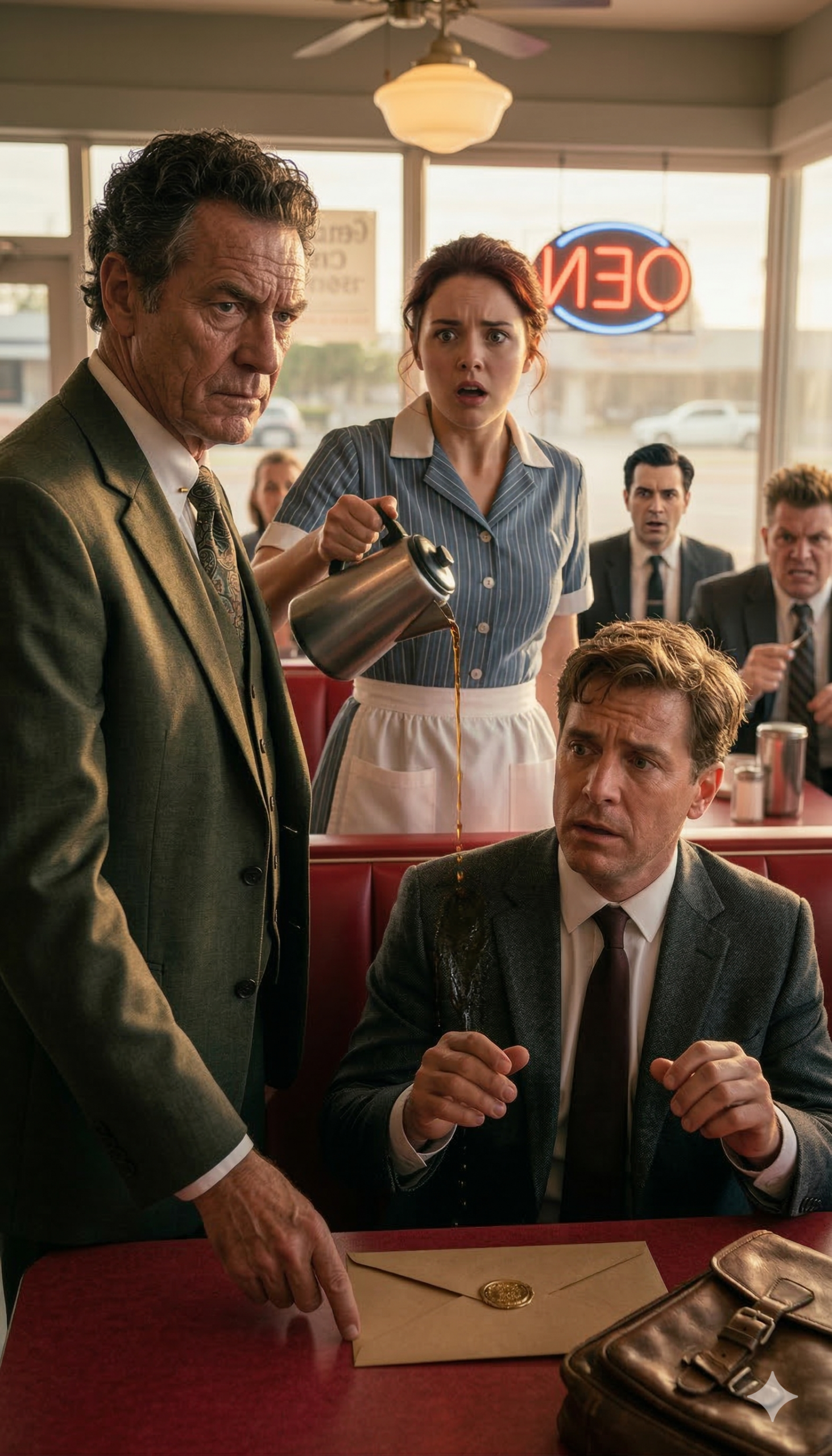 Wytarłem blat, gdy pan Harlan znów wszedł – cicho, drżąc, z oczami błagającymi o godność. „Ten sam stolik?” Uśmiechnąłem się. Wyszeptał: „Tylko ty mnie widzisz”. Wtedy drzwi zatrzasnęły się. Podszedł mężczyzna w garniturze, śmiejąc się. „Tato, teraz płacisz za cud?” Odwrócił się do mnie. „Ile kosztuje reanimacja staruszka?” Dłoń pana Harlana zacisnęła się na złożonej kopercie. „Synu” – powiedział nagle twardym głosem – „usiądź”. Zamarłem… bo rozpoznałem pieczęć.