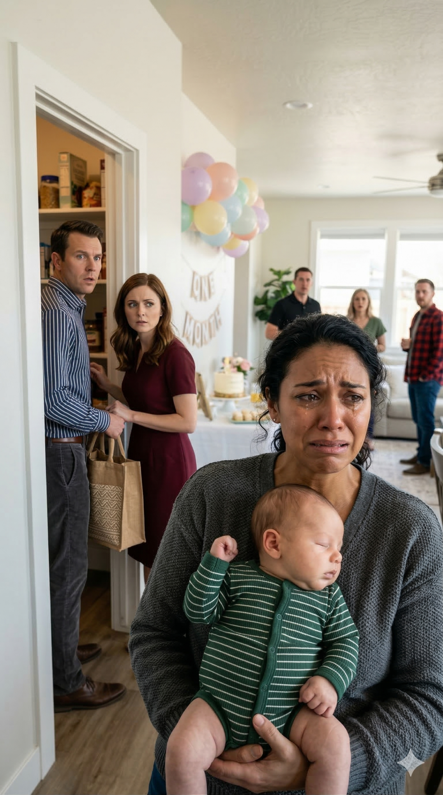 Podczas obchodów pierwszego miesiąca życia mojego synka, dom huczał od śmiechu i brzęku szklanek. Poprawiałam mu maleńką bransoletkę, gdy usłyszałam stłumione westchnienie za drzwiami spiżarni. Potem jego głos – mojego męża – niski i pospieszny: „Szybko… ona nigdy nie zauważy”. Kobieta wyszeptała w odpowiedzi: „Obiecałaś, że dzisiejszy wieczór będzie nasz”. Poczułam ucisk w żołądku. Pchnęłam drzwi – chwila ciszy, a potem szok. Nie krzyknęłam. Po prostu się uśmiechnęłam, odwróciłam się z powrotem do imprezy… i zaczęłam planować to, czego nigdy się nie spodziewali.