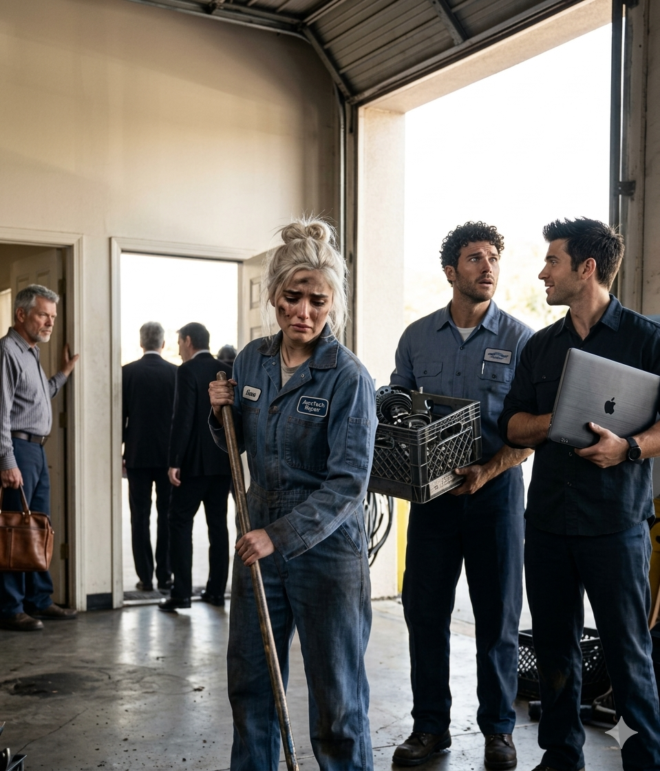 Zamarłam, gdy głos pana Reeda się załamał: „Jesteśmy bankrutami. Bank przejmuje warsztat w piątek. Nie ma wypłaty… weź, co uniesiesz”. Derek i Logan rzucili się na skaner diagnostyczny i wiertarki jak sępy. Nie ruszyłam się z miejsca. Chwyciłam miotłę. „Zamiatasz…?” Pan Reed wpatrywał się we mnie. „Pomagałeś mi, kiedy mój mąż był w szpitalu” – powiedziałam, czując pieczenie w gardle. „Zatrudniłeś mnie, kiedy nikt nie chciał kobiety mechanika. Jeśli to nasz ostatni dzień, to niech się skończy”. Zamilkł, a potem się uśmiechnął. „Dobrze. Bo to się nie kończy”. I w tym momencie zrozumiałam, że to nie pożegnanie… to był test.