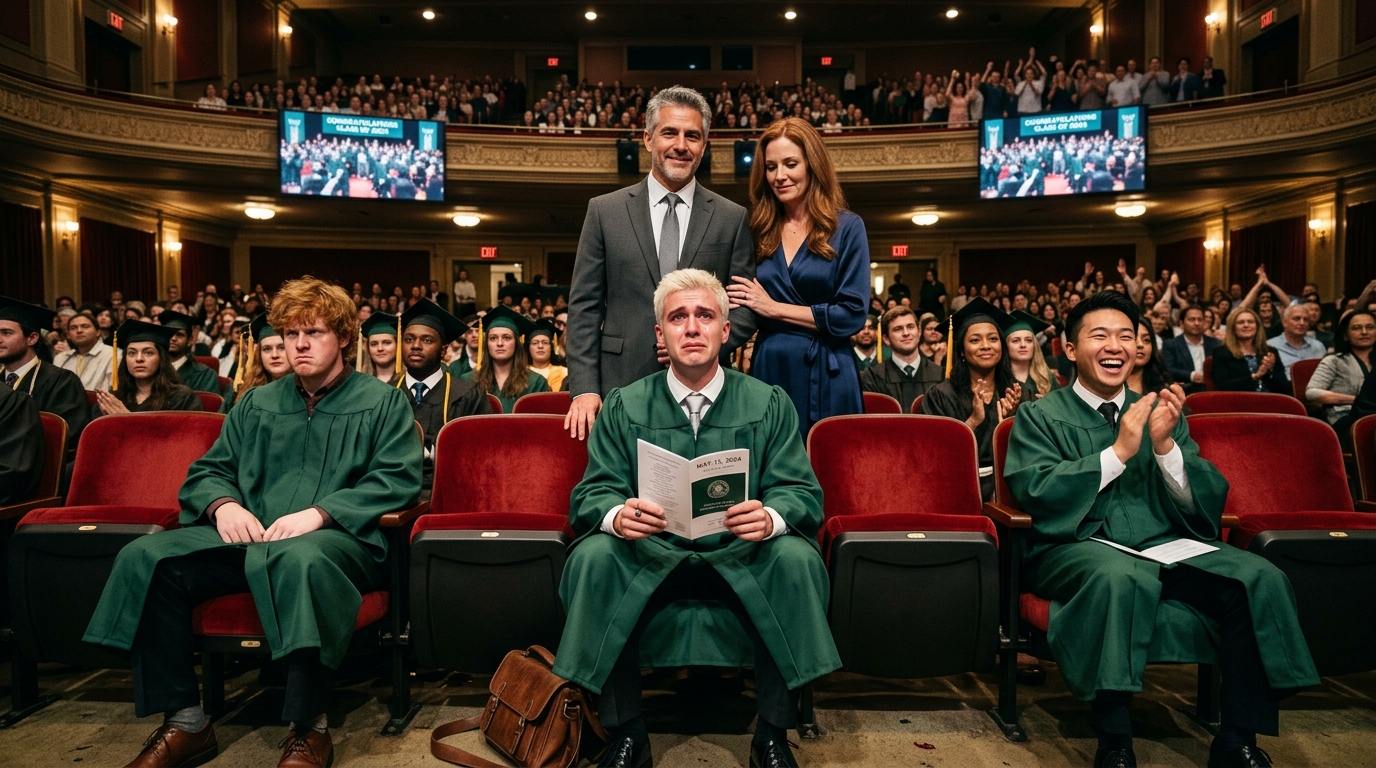 Przyszłość, mówiąc mi: „On na to zasłużył, a ty nie” — weszli do audytorium uśmiechając się, jakby to był jego wielki dzień, a potem dziekan sięgnął po jedną kartę, kamery znalazły swoje twarze na gigantycznych ekranach, a prawda, którą ignorowali przez cztery lata, miała zostać wypowiedziana na głos