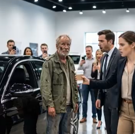 Wszedłem boso, owinięty w szmaty, a w salonie zapadła cisza – wtedy Carter warknął: „Wynoś się. Nie stać cię nawet na lunch, nie mówiąc już o moich samochodach”. Wybuchnął śmiech. Ktoś uniósł telefon, żeby mnie nagrać, jakbym był żartem. Poczułem ucisk w klatce piersiowej… ale trzymałem głowę nisko. Wtedy Lily podeszła, szepcząc: „Proszę pana, proszę usiąść. Napij się wody”. Carter warknął: „Dotknij go i pocałuj komisję na pożegnanie!”. Lily nawet nie drgnęła. Zanim wyszedłem, wsunąłem jej złożoną notatkę. Nie znała mojego imienia… ani tego, co te słowa miały zrobić z jej życiem.