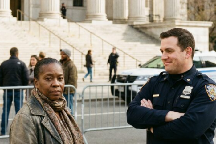 „Opuść ręce” – warknął policjant, a potem jego dłoń musnęła mój policzek, tutaj, w budynku sądu, gdzie sprawiedliwość powinna oddychać. Sala zamarła. Poczułam smak żelaza i usłyszałam szept: „Ona jest po prostu… czarną kobietą”. Nie drgnęłam. Nie błagałam. Powiedziałam tylko, wystarczająco cicho, by przerwać: „Jest pan w niewłaściwej sali sądowej”. Kilka sekund później przeszłam obok niego, toga już czekała, a nazwisko było już wpisane na listę. A kiedy zajęłam miejsce sędziego… jego twarz w końcu zrozumiała.