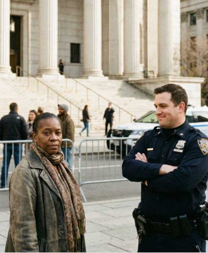„Opuść ręce” – warknął policjant, a potem jego dłoń musnęła mój policzek, tutaj, w budynku sądu, gdzie sprawiedliwość powinna oddychać. Sala zamarła. Poczułam smak żelaza i usłyszałam szept: „Ona jest po prostu… czarną kobietą”. Nie drgnęłam. Nie błagałam. Powiedziałam tylko, wystarczająco cicho, by przerwać: „Jest pan w niewłaściwej sali sądowej”. Kilka sekund później przeszłam obok niego, toga już czekała, a nazwisko było już wpisane na listę. A kiedy zajęłam miejsce sędziego… jego twarz w końcu zrozumiała.