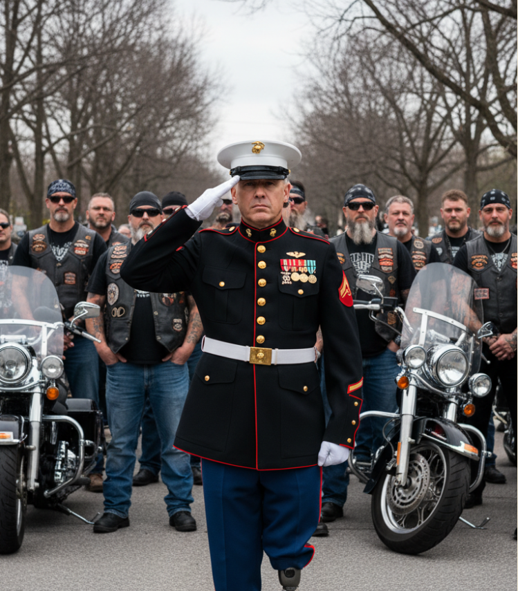 „Ranny żołnierz piechoty morskiej salutował przez trzy godziny w palącym słońcu – a potem niesławny gang motocyklowy zrobił coś, czego nikt się nie spodziewał”