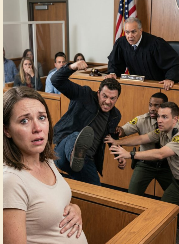 Buty mojego męża były o centymetry od mojego brzucha. Jego kopniak trafił, świat zatrząsł się; westchnienia przecinały powietrze niczym noże. „Kłamie!” – warknął, jego oczy były zimne, jakby nasze dziecko było dowodem, a nie życiem. Wtedy sędzia wstał – powoli, gniewnie – a jego głos drżał: „Służba sądowa… zatrzymajcie go”. Rozpoznałam ten głos. Mój ojciec. I nagle moje milczenie stało się bronią.