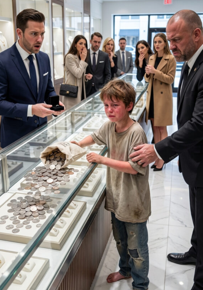 Bosonogi chłopiec w znoszonym ubraniu wślizgnął się do luksusowego sklepu jubilerskiego i po cichu wysypał tysiące zimnych monet na wypolerowaną szklaną ladę. Ochroniarz ruszył, by go wyciągnąć, przekonany, że ubóstwo dziecka jest obrazą dla bogatej klienteli – dopóki nie interweniował kierownik sklepu, sparaliżowany słowami, które właśnie wypowiedział chłopiec.