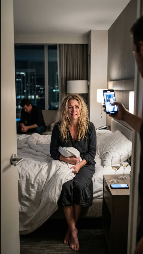 Wciąż pamiętam słodki jak syrop zapach wina – a potem zrobiło mi się ciemno w głowie. Kiedy się obudziłam, leżałam w łóżku obok nieznajomego, w powykręcanej sukience, z telefonem świecącym od wiadomości, której nigdy nie napisałam. Drzwi się otworzyły. Mój mąż stał tam, a jego oczy płonęły. „Idealnie” – warknął, unosząc aparat. Głos mi drżał. „Wrobili mnie… przysięgam!” Uśmiechnął się – drobny, zadowolony. Wtedy do mnie dotarło: to mnie nie łapie… to mnie inscenizuje. Ale dla kogo on tak naprawdę pracuje?