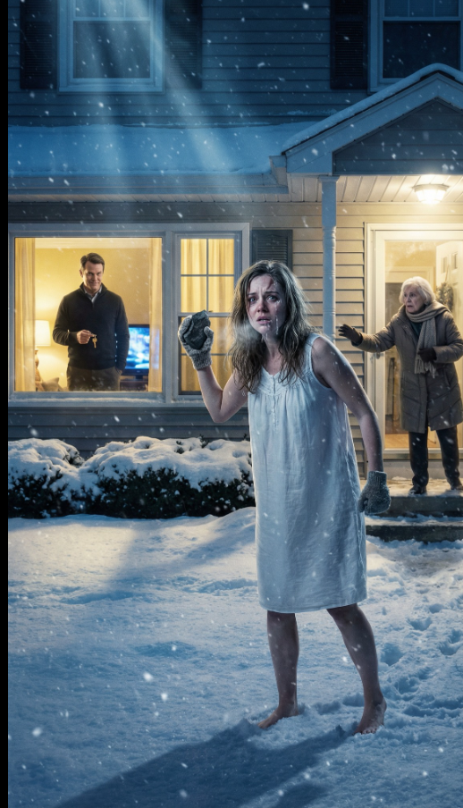 Krzyknął: „To biegnij do rodziców – mam nadzieję, że zamarzniesz!” i wepchnął mnie w śnieg, trzaskając drzwiami, podczas gdy ja stałam drżąca w samej koszuli nocnej. Bolały mnie kostki, gdy unosiłam kamień, żeby rozbić okno – aż nasza starsza sąsiadka weszła w światło na ganku. Szepnęła: „Mój syn jest szefem twojego męża. Wejdź do środka. Rano… będzie żebrał”. Poszłam za nią – nie domyślając się, co teraz planuje.