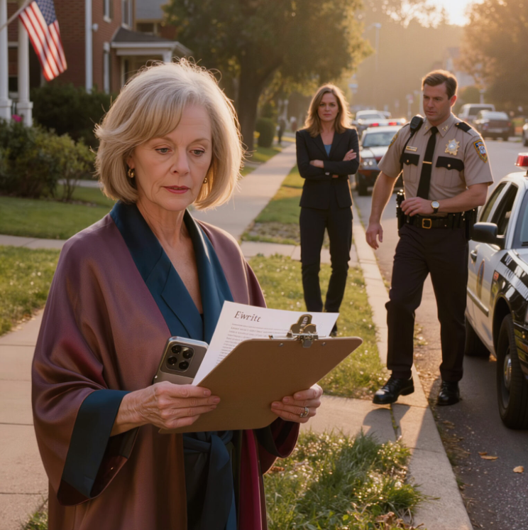 O 6:30 rano zastępca szeryfa stanął u moich drzwi z dokumentami. To był „postanowienie o zabezpieczeniu majątku” z moim nazwiskiem. Po drugiej stronie ulicy moja córka i jej mąż obserwowali. Krzyknęła: „Powinieneś był podpisać te dokumenty wcześniej”. Dodał: „Pakuj się i odejdź”. Uśmiechnęłam się tylko i zadałam zastępcy jedno pytanie, a jego twarz się zmieniła…
