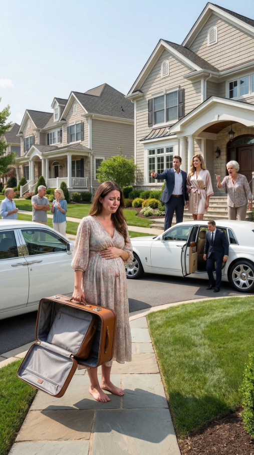 „Byłam w ciąży i drżałam, stojąc na ulicy, gdy mój zdradzający mąż wcisnął mi walizkę pod nogi. »Wynoś się, jesteś nikim!« – prychnęła jego kochanka, a moja teściowa warknęła: »Bezużyteczna baba!«. Sąsiedzi patrzyli na moje upokorzenie jak na spektakl. Ale wtedy zatrzymały się przed nimi dwa białe Rolls-Royce’y – i wysiedli z nich moi potężni bracia, prezesi. W tamtej chwili wszyscy, którzy mnie zniszczyli, nie mieli pojęcia, że ​​w końcu nadeszła karma”.