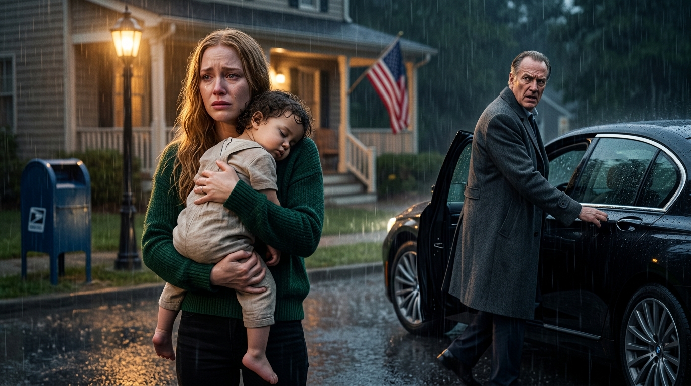 Zaniosłem mojego gorączkującego syna na przystanek autobusowy o 2 w nocy — wtedy zatrzymał się czarny sedan i jedno pytanie zmieniło wszystko