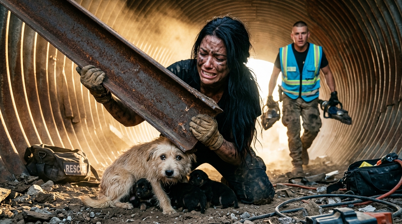 Złapał za przewód hydrauliczny, gdy przecinaliśmy ostatni pręt — to, co wydarzyło się później, uratowało psa w ciągu kilku sekund