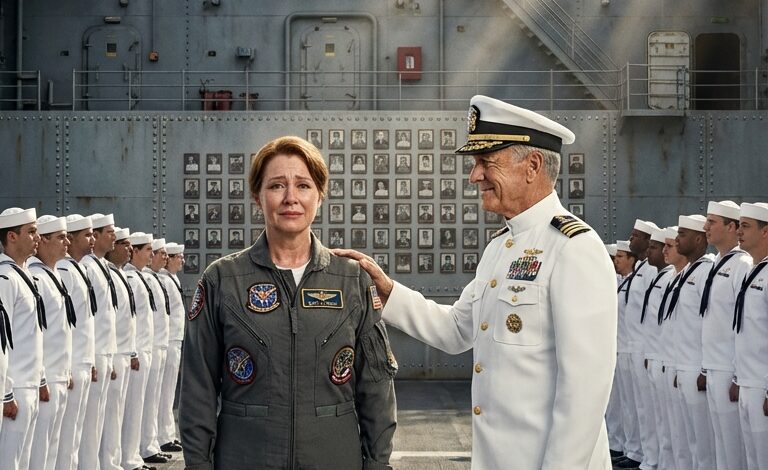 Publicznie przesłuchiwano ją na temat jej służby — aż do momentu, gdy wszyscy członkowie załogi lotniskowca podnieśli się z miejsc i oddali hołd.