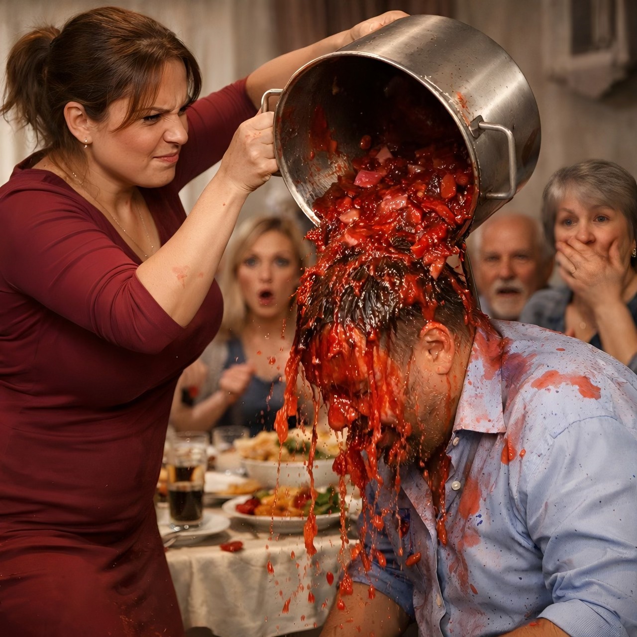 „Přibral jsi na váze!“ prohlásil můj manžel před všemi příbuznými. Mlčky jsem k němu přistoupila a polila ho hrncem boršče.