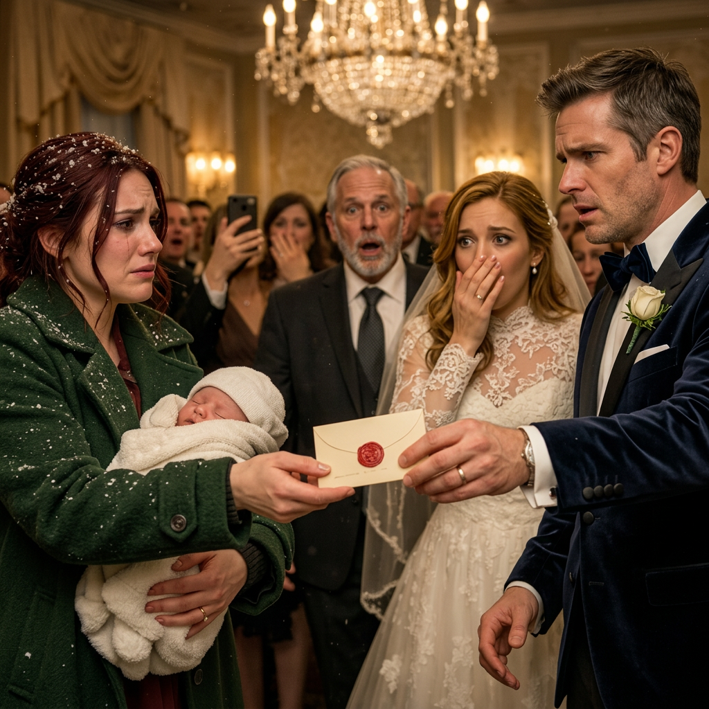 Six weeks after Mason shoved me and our newborn into a whiteout, I was still hearing his last words: “You’ll be fine. You always survive.” Now I stood at the back of his glittering wedding, my baby sleeping against my chest and a sealed envelope burning in my hand. When he spotted me, his smile cracked. “What are you doing here?” he hissed. I whispered, “Giving you what you forgot… and taking what you stole.” Then the music stopped.