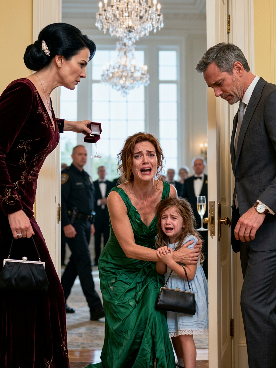 I stood frozen in the doorway. “Did you really think you were invited?” she said, not smiling. My husband looked down at his watch, not at me. The room went dead silent. My daughter’s hand slipped into mine. Then she stepped forward, reaching into her pocket…