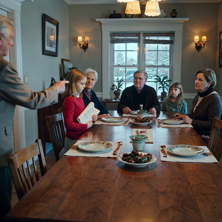 Můj táta strčil mou desetiletou dceru u vánočního stolu. „Tohle místo je pro mé opravdové vnouče. Vypadni!“ Spadla na zem před celou rodinou – ale všichni mlčeli. Nekřičela jsem. Řekla jsem jen 4 slova. MÁMĚ UPADLA SKLENICE S VÍNEM. TÁTA ZBLEDL…
