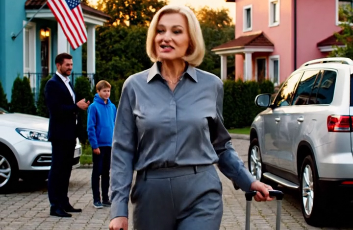 Kling Prompt (EN) — 1:1, 5 s 1:1, 5 s, jeden záběr, fotorealistické pojetí. Uvnitř moderní americké banky: anglické cedule, malá americká vlajka na pultu, decentní červenobílomodrá dekorace. Měkké rozptýlené stropní osvětlení, matné odlesky (ŽÁDNÉ oslnění, ŽÁDNÉ odlesky objektivu). Středně široký 35mm objektiv, kamera vzdálená ~3 m, pomalé vjíždění. Uprostřed: krásná 68letá Američanka s jasně bílou obálkou na paži, NOVÝ obličej (mandlovošedé oči, světlé pihy), NOVÉ vlasy: jahodově blond dlouhé vrstvené vlny. Dívá se přímo do kamery s klidným smutným úsměvem a tichou sebedůvěrou, ostrými odlesky, drží žlutou obálku s červenou voskovou pečetí (bez čitelného textu). Vpravo: pohledný tmavě blond syn + okouzlující medově blond těhotná snacha svírají zářivě červenou složku; oba zírají do kamery s jemnou panikou. Bankéř v tyrkysovém saku odsune modré pero, stiskne skryté tlačítko; otevřou se boční dveře a vstoupí uniformovaný člen ostrahy. Tváře ostré jako břitva, žádné rozmazání. Žádné střihy, žádný text, žádné dialogy. Hudba: napjaté jemné piano + nízká ambientní hudba.