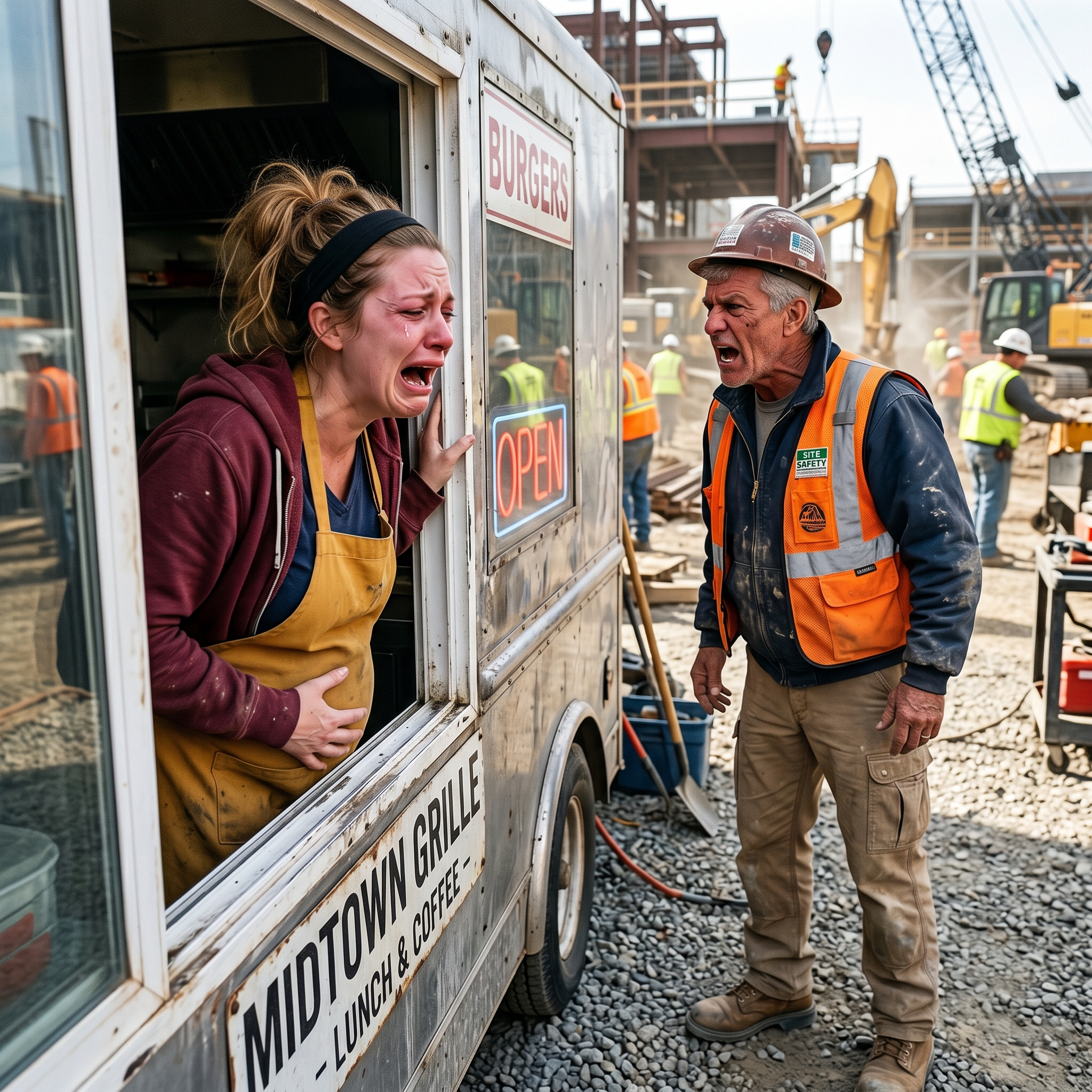 Num estaleiro de obras, dirigi-me ao balcão para pedir um café e, de repente, reconheci a funcionária da food truck — grávida de oito meses, a tremer, e, de alguma forma, a minha nora. Entre lágrimas, implorou-me que não lhe contasse que estava ali. O que ela sussurrou a seguir mudou tudo e deixou-me paralisada em silêncio, atónita.