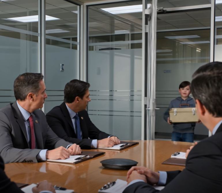 Um rapaz de 12 anos entrou na sala de reuniões de uma CEO carregando uma caixa de ferramentas velha e disse: “O meu pai está doente, por isso vim no lugar dele.” Quase todos se riram… até ele dizer o nome do pai, e o rosto da CEO empalideceu por completo.