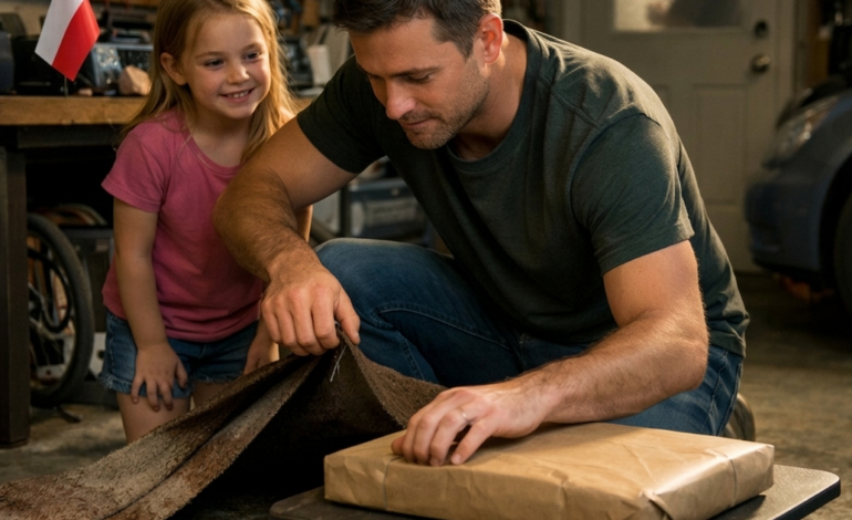 Każdego popołudnia mój siedmioletni syn biegł do garażu na „prywatne rozmowy” z moim mężem, a drzwi się zamykały, radio zaczynało grać, a moje imię znikało, jakby nie pasowało do mojego domu — aż do momentu, gdy wsunęłam w kąt małą kamerę i zobaczyłam, jak odwija ​​dywan, podnosi ukrytą klapę w betonie i wyciąga brązowy pakunek, który sprawił, że ścisnęło mi się gardło.