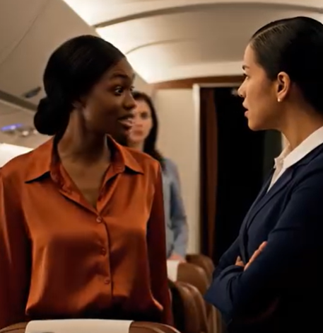 Czarnoskóra dziewczynka ucisza stewardesę po tym, jak ta krzyczy na noworodka i jego mamę w pierwszej klasie.