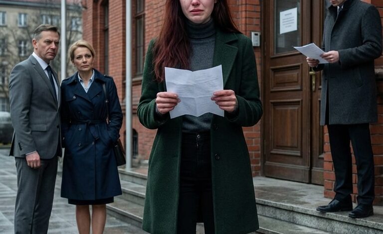 Ultrarealistyczna, filmowa, rodzinna scena dramatyczna, współczesna Ameryka, napięta sesja odczytywania testamentu w eleganckiej jadalni małego miasteczka, ujęcie średnio-szerokie, na wysokości oczu. Piękna 35-letnia Amerykanka, czynna oficer Marynarki Wojennej Stanów Zjednoczonych, o naturalnych, nowoczesnych, białych rysach, wyjątkowej twarzy, schludnym, niskim koku, subtelnym makijażu, spokojnym, ale głęboko zranionym wyrazie twarzy, siedzi nieruchomo z obiema rękami złożonymi na kolanach, ubrana w formalny, ciemny mundur marynarki. Naprzeciwko niej, jej bogaty ojciec, po sześćdziesiątce, w eleganckim garniturze, z opanowanym, chłodnym wyrazem twarzy, gestykuluje w kierunku jej zadowolonego z siebie starszego brata w skrojonej marynarce, który odchyla się do tyłu z zadowoloną pewnością siebie, jakby właśnie dostał wszystko. Obok nich starszy prawnik w okularach trzyma lekko uniesiony drugi dokument, robiąc pauzę przed przemówieniem, co buduje silne napięcie. Kilku członków rodziny, skupionych na nieostrym obrazie, wokół stołu reaguje szokiem i dyskomfortem. Wyraźne, emocjonalne spojrzenie: ojciec w stronę córki, brat spoglądający na nią z cichym triumfem, córka patrząca prosto na ojca z opanowanym buntem, prawnik zerkający na dokument. Luksusowe, ale stonowane, amerykańskie wnętrze, polerowany drewniany stół, stonowana, domowa atmosfera kancelarii prawniczej, delikatne światło dzienne wpadające przez okna, wyrazista faktura skóry, brak filtra upiększającego, brak rozmycia, brak prześwietlenia. Niewielka, subtelna amerykańska flaga pojawia się naturalnie w rogu regału za prawnikiem, nie dominując. Jeden obraz, który opowiada historię, wysokie napięcie, wyraźnie widoczna niesprawiedliwość i wykluczenie, realistyczna mowa ciała, wysokiej jakości, dramatyczna miniatura, brak tekstu, brak czytelnych dokumentów, brak logo, brak znaku wodnego.