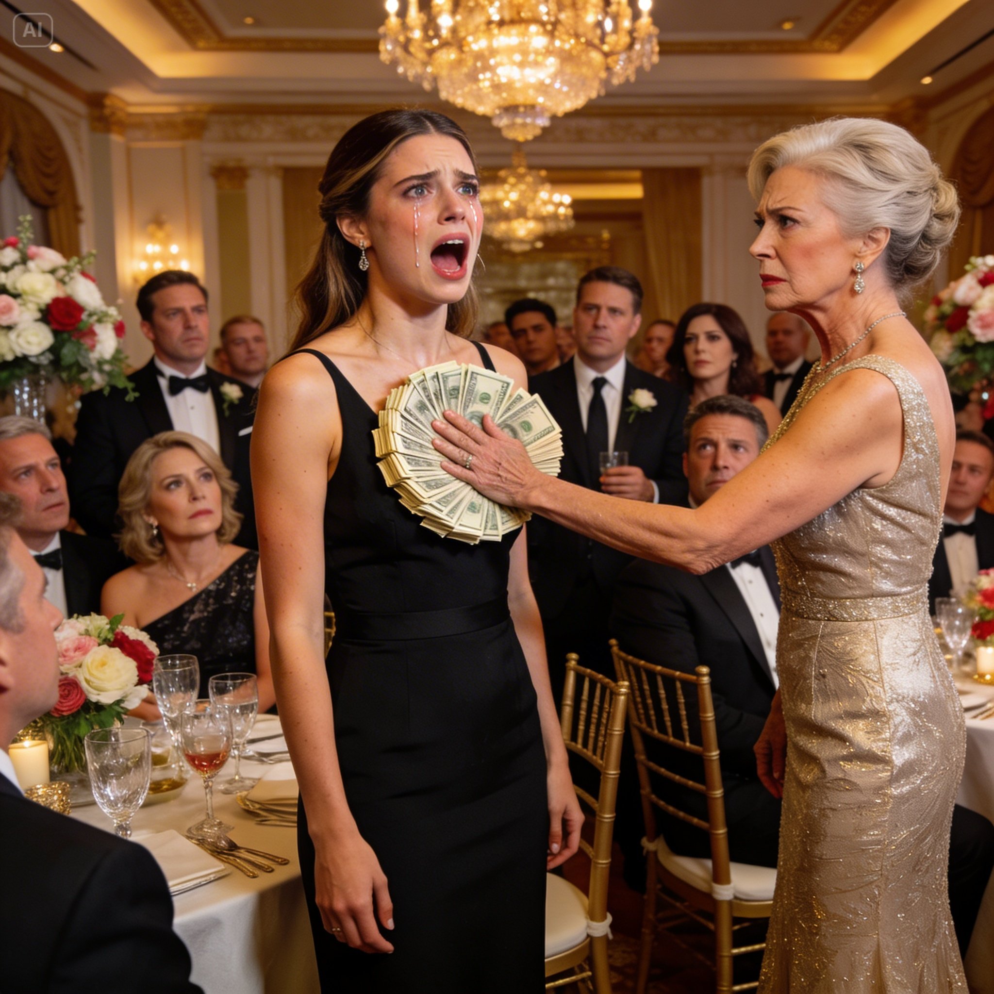 At our engagement party, my future mother-in-law pulled out a stack of cash and sneered, “How much will it take for you to disappear? A girl who smells like a barn has no place in this family.” Then she slapped the money against my chest in front of everyone. My mother rose to her feet, looked her straight in the eye, and said, “We’re leaving. Just make sure you don’t regret this.” But the very next morning, she was outside our house—crying. – Story