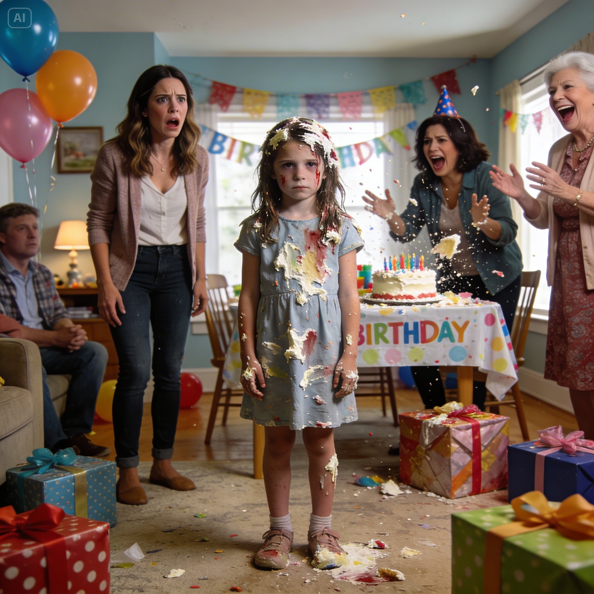At my 7-year-old daughter’s birthday party, my sister suddenly shoved a cake straight into her face. “Happy birthday! Surprise!” she screamed. My mother laughed out loud. “That was priceless!” My daughter stood completely still, frosting dripping down her face. Then she slowly turned to me and said, “Mom, can I show them the present now?” In that instant, every smile on their faces froze. – Story