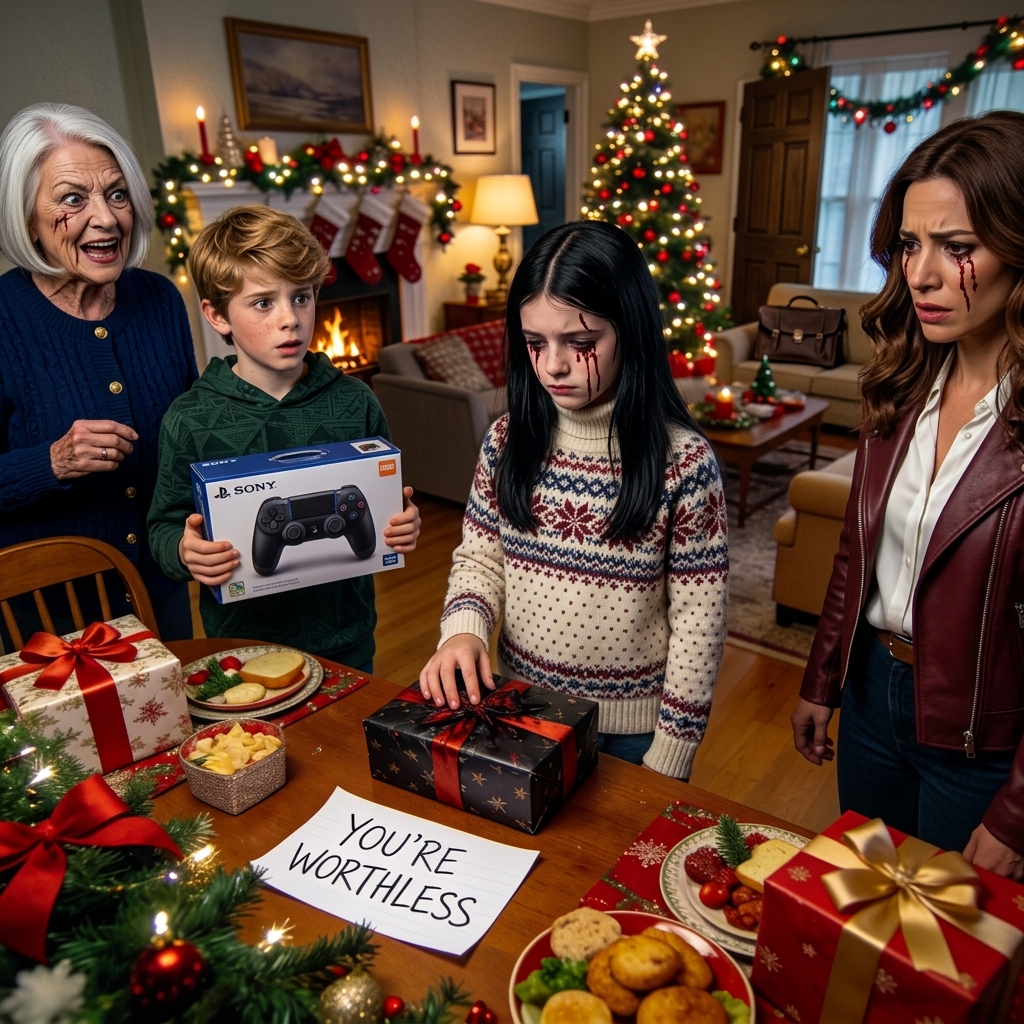 On Christmas Day, my mother handed my sister’s child the newest game console. My daughter got nothing but a note that read, “You’re worthless.” My mother laughed and said, “Why would anyone waste a gift on her?” My sister smirked and added, “Yeah, she’s just a pathetic loser.” My daughter didn’t say a word. She quietly placed a gift on the table and walked out with me. But only minutes later, screams started erupting from inside the house. – Story