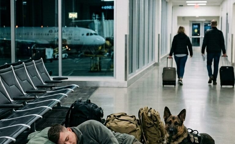 Před východem slunce v téměř opuštěném letištním terminálu ležel na podlaze nehybně voják, zatímco jeho oddaný pes stál vedle něj a ignoroval stálý proud procházejících cestujících. Zpočátku se scéna šířila internetem jako krásný příklad loajality – ale brzy se objevila hlubší pravda, kterou nikdo nečekal…
