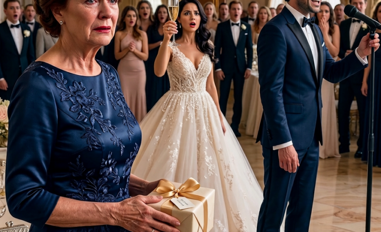 Na svatbě mé dcery zvedla šampaňské a usmála se: „Moje vyvolená rodina jsou ti, kteří mě dělají šťastnou.“ Pak se na mě přímo podívala a dodala: „Můžete odejít.“ Vstala jsem s darem stále neotevřeným v rukou, ponížená před dvěma stovkami hostů… ale než jsem stačila udělat krok, ženich také vstal, sáhl po mikrofonu a řekl: „Než její matka odejde, každý si zaslouží pravdu.“