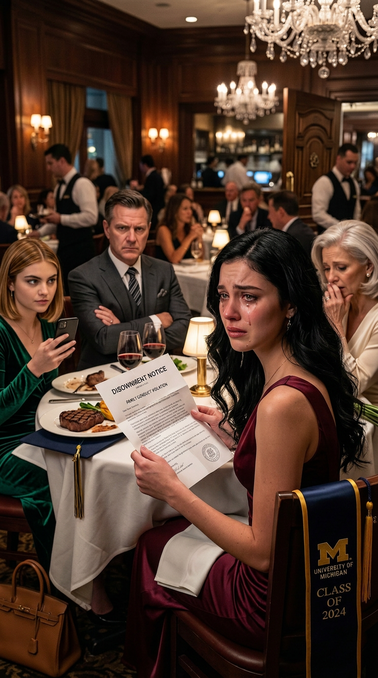 For my graduation dinner, my dad slid an envelope across the table and said, “From all of us.” I smiled, opened it, and felt my whole body go numb—it was a disownment letter. My sister was actually filming me, laughing, waiting for me to break. Instead, I looked up and said, “Thank you. This makes what I did next a lot easier.” They thought they had destroyed me… but they had no idea I’d already beaten them to the ending.