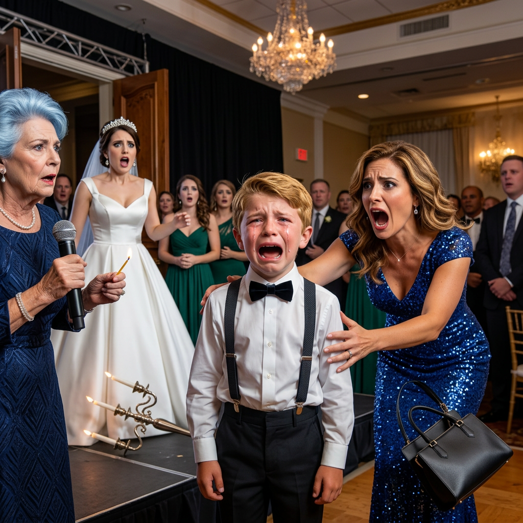 At my sister’s wedding, she took the mic with a smile and said, “And now, my sister’s son is going to put on a fun little performance!” Without warning, my mother struck a match and set my son’s hair on fire. “Here’s today’s entertainment! Enjoy!” she yelled. The crowd cheered, and the room filled with laughter. My son broke down in tears. And then it happened…