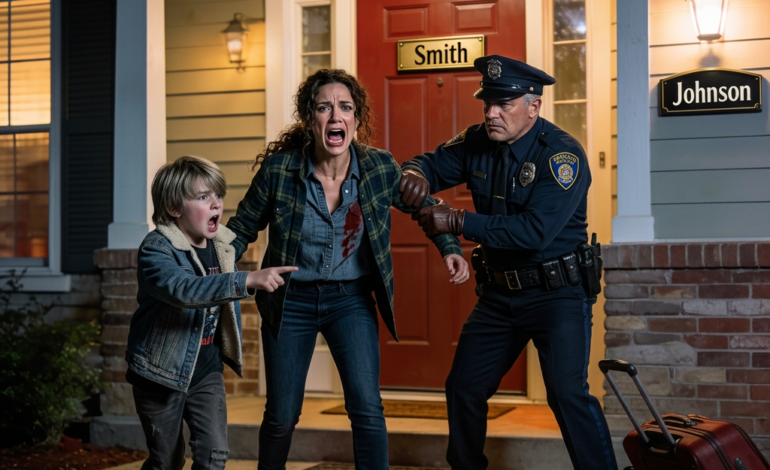 The second my daughter and I returned from our trip, a police officer seized my arm and said, “You’re under arrest for trespassing.” “No! This is my house!” I screamed. But then my son tugged softly at my sleeve and whispered, “Mom… look. The name on the door… it’s been changed.”