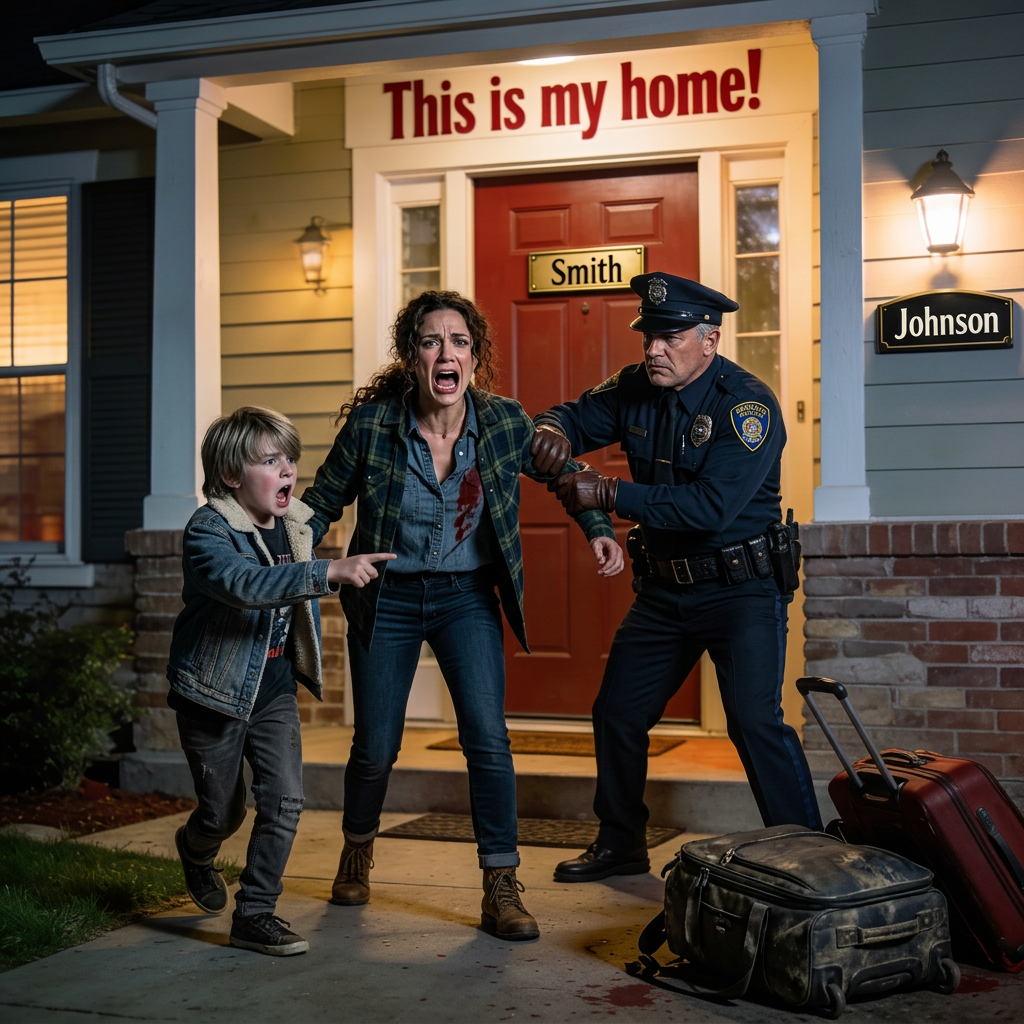 The second my daughter and I returned from our trip, a police officer seized my arm and said, “You’re under arrest for trespassing.” “No! This is my house!” I screamed. But then my son tugged softly at my sleeve and whispered, “Mom… look. The name on the door… it’s been changed.”