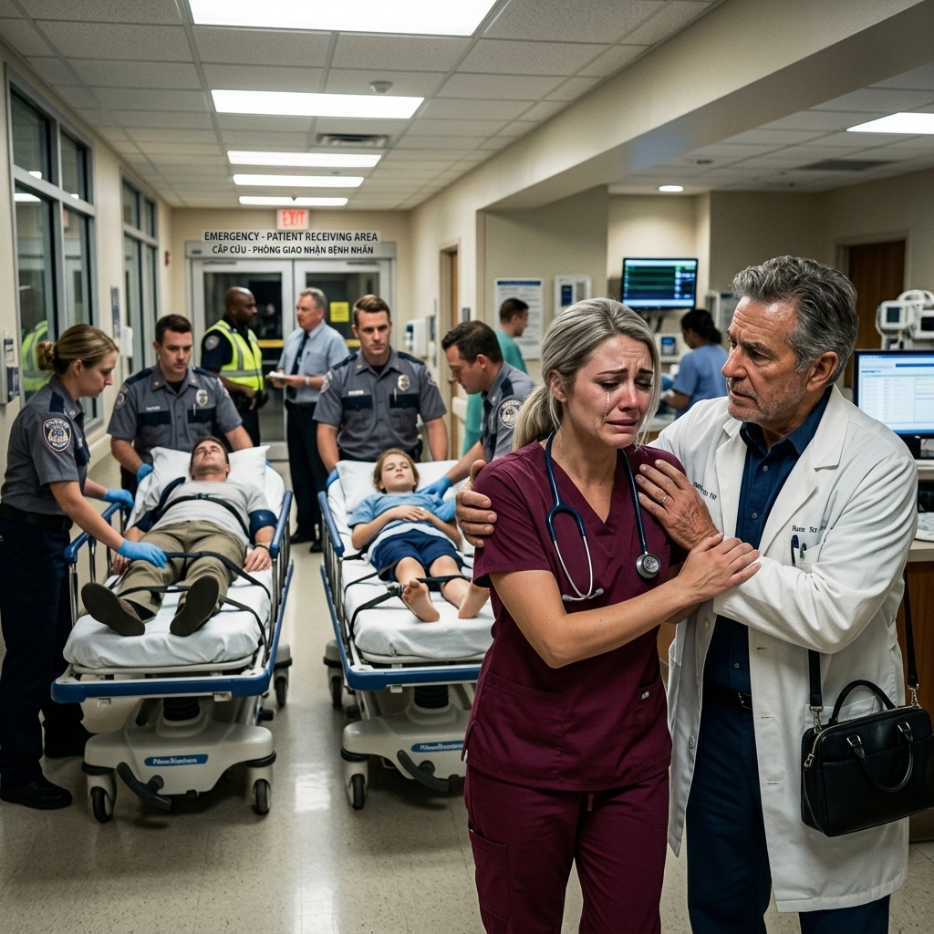 I was working the night shift when my husband, my sister, and my son were suddenly brought in, all unconscious. Panic hit me, and I ran straight toward them—but a doctor stepped in front of me and quietly stopped me. “You can’t see them yet,” he said. My whole body trembling, I looked at him and asked, “Why?” He lowered his eyes, then whispered words that made my blood run cold: “The police will explain everything once they arrive.”