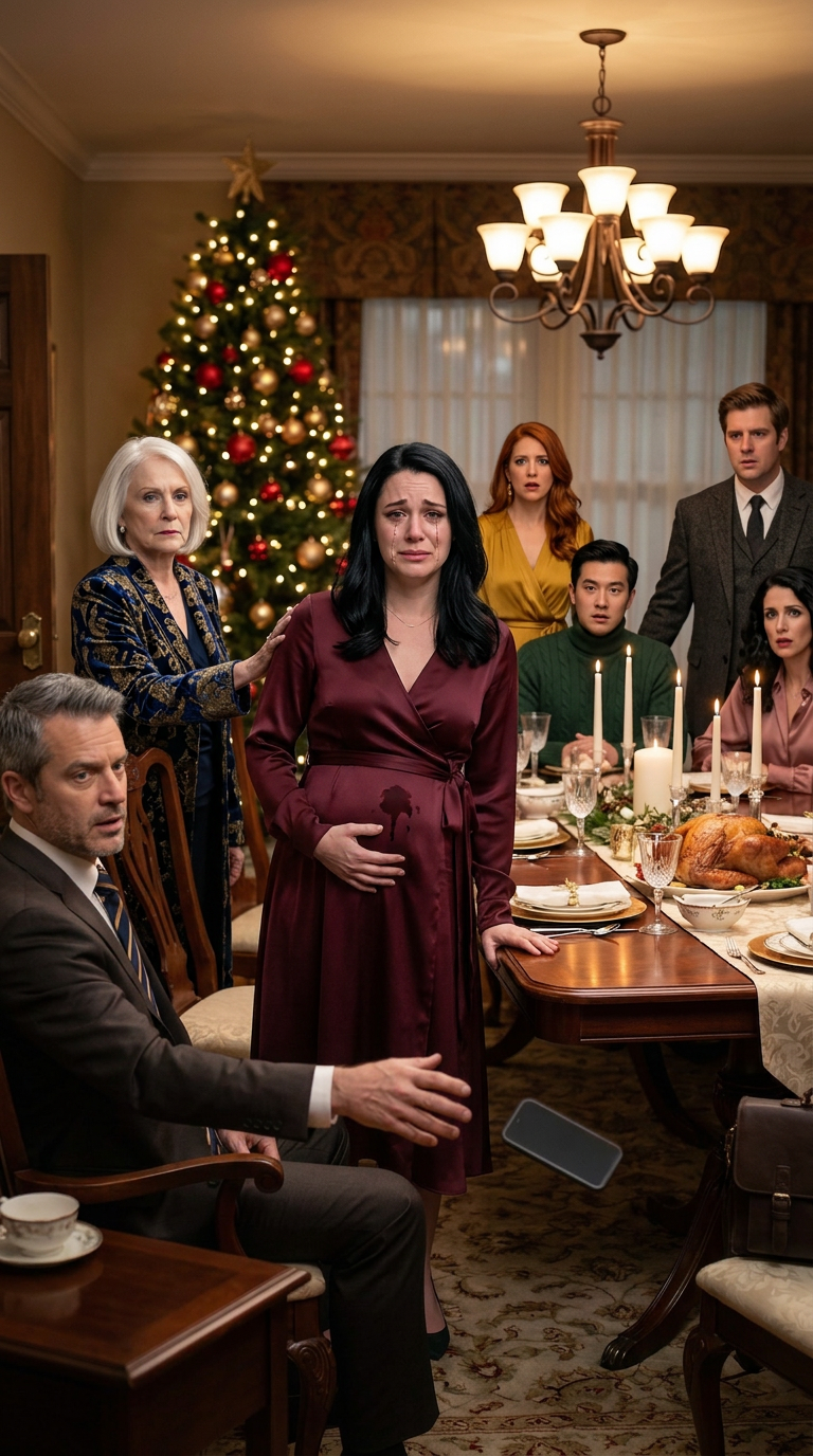 I never told my in-laws that my father is the Chief Justice. I spent the entire day cooking Christmas dinner for the family, only to have my mother-in-law make me eat while standing in the kitchen. She sneered, “Servants don’t sit with family.” When I tried to take a seat, she shoved me so hard I started miscarrying. I reached for my phone to call the police—my husband threw it away and threatened, “I’m a lawyer. You won’t win.” I met his eyes and said calmly, “Call my father.” He laughed as he dialed, unaware his legal career was about to end.