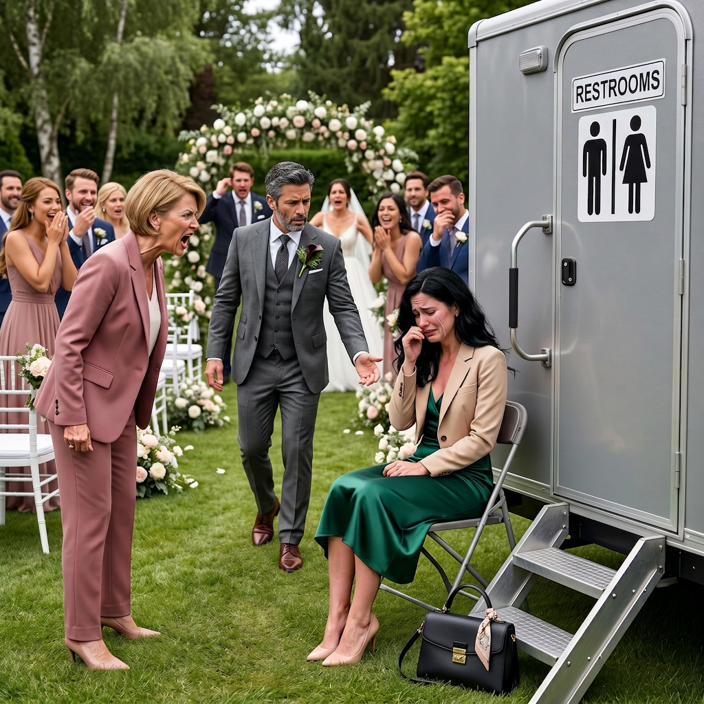 My seat at my brother’s wedding was outside, right next to the restroom, and Mom’s cruel smile told me it was no mistake. Everyone laughed when she mocked me. Then a billionaire arrived, silently took my hand, and walked me out. Ten minutes later, something made them all turn pale.