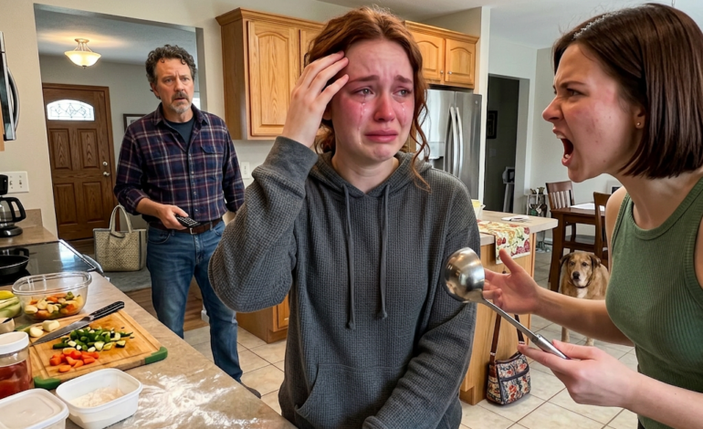I was cooking lunch when my own sister suddenly hit me on the head with a ladle. “Who cuts like that, you useless thing?” My dad just turned the TV volume up louder. But when five minutes later a loud crash came from the kitchen, he ran there… and froze.