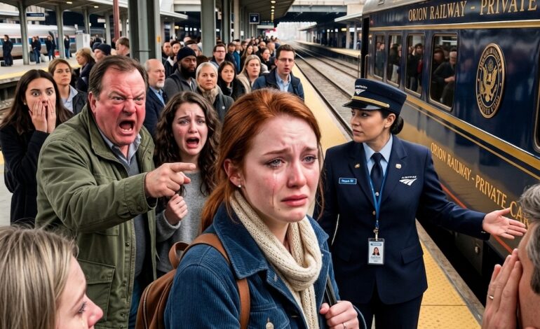 At the station, my father sneered, “You can’t even buy a ticket.” My step-sister laughed as they boarded first class. I waited quietly—until a man in uniform said, “Miss, your carriage is ready.” When the golden emblem rolled up, the entire platform froze.